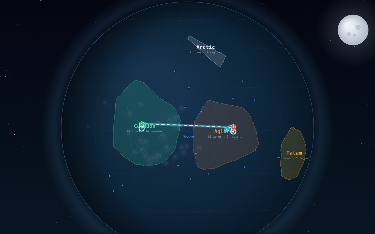 The World Atlas in the browser client: globe view with a route