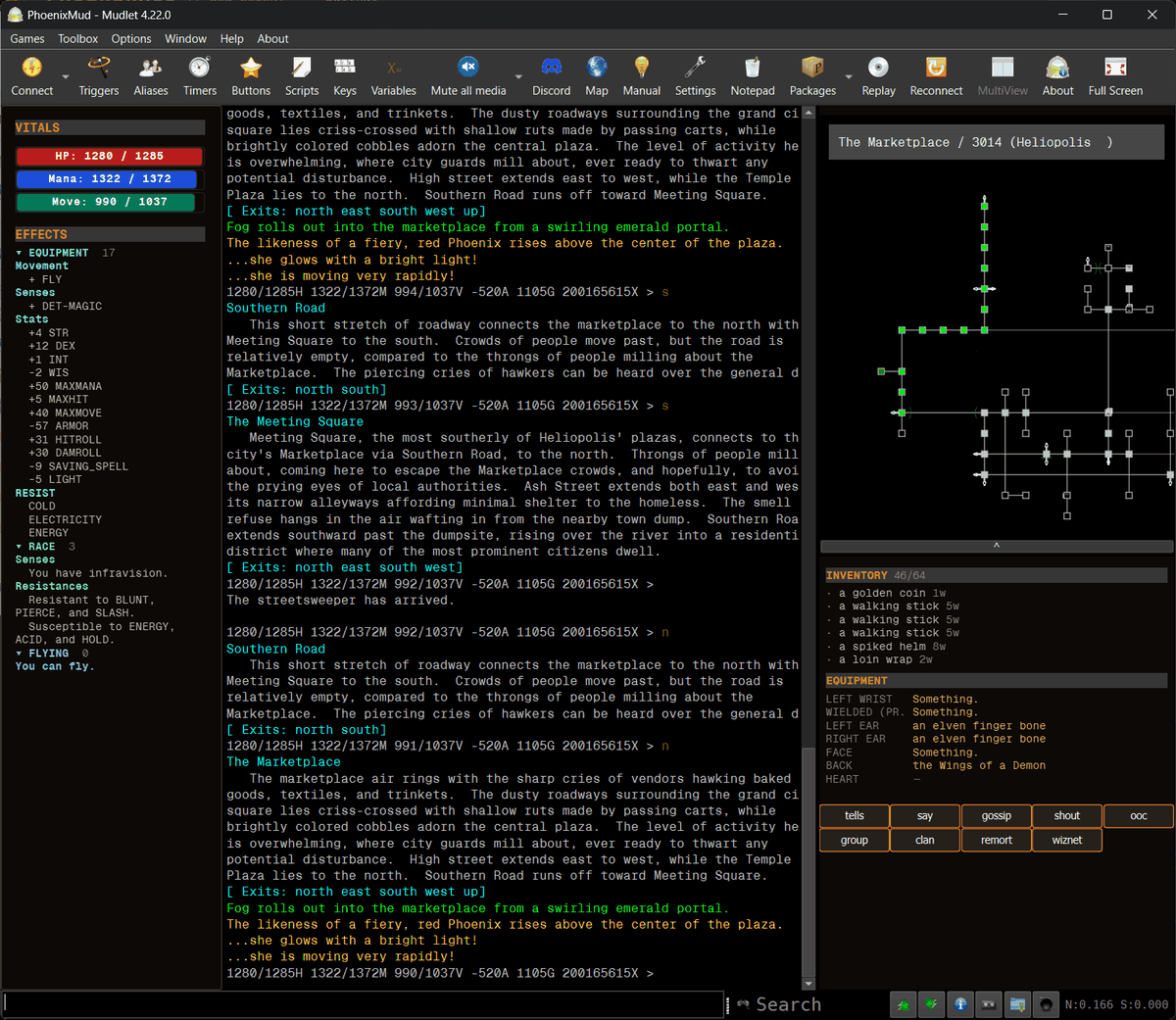 Mudlet with the PhoenixMUD package: vitals and effects left, game text centre, mapper and gear right, channel filters below